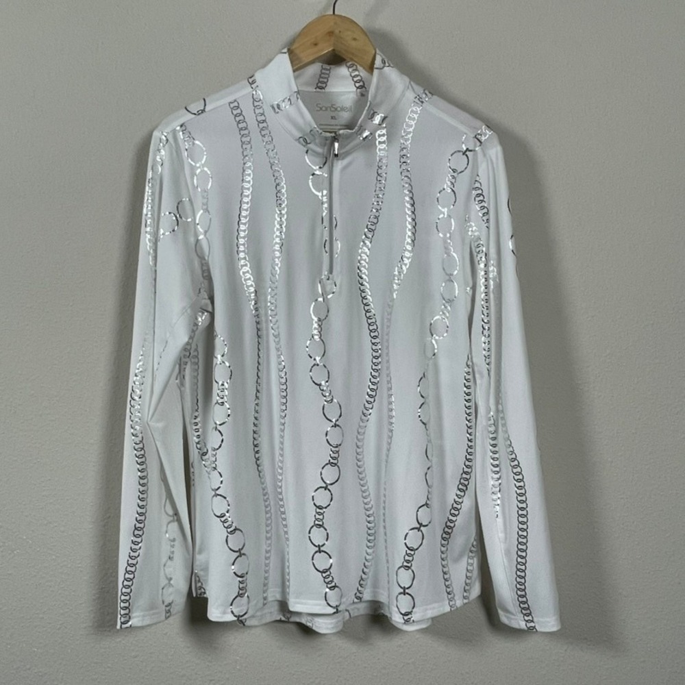 SanSoleil Quarter Zip Top Womens XL White Silver Foil Chain UPF 50 Excellent